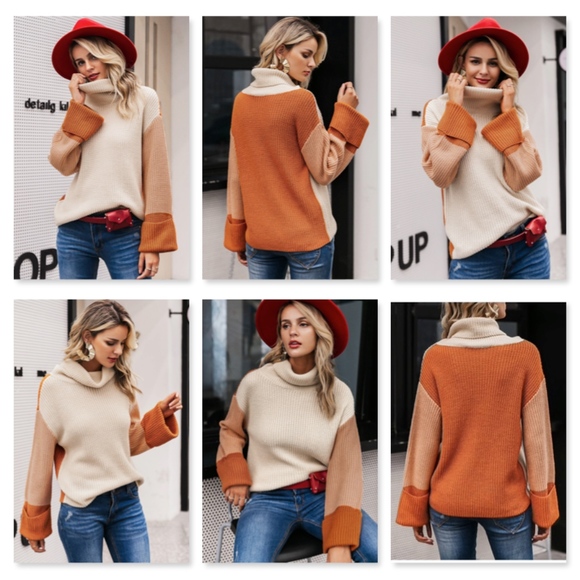 Color Block Beige Turtleneck Sweater Orange - Picture 4 of 9